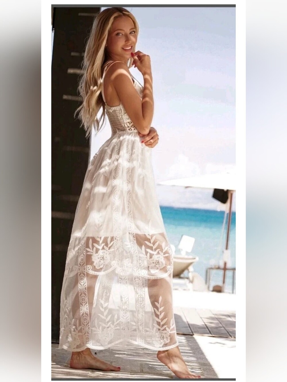 White Lace Maxi Dress Wedding Bralette Top Sheer Boho Crochet Scalloped Beach L - Picture 2 of 13